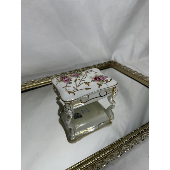 Vtg Arnart Creations Lidded Footed Trinket Dish w/ Gold Trim and Rose Transfer - Picture 3 of 8
